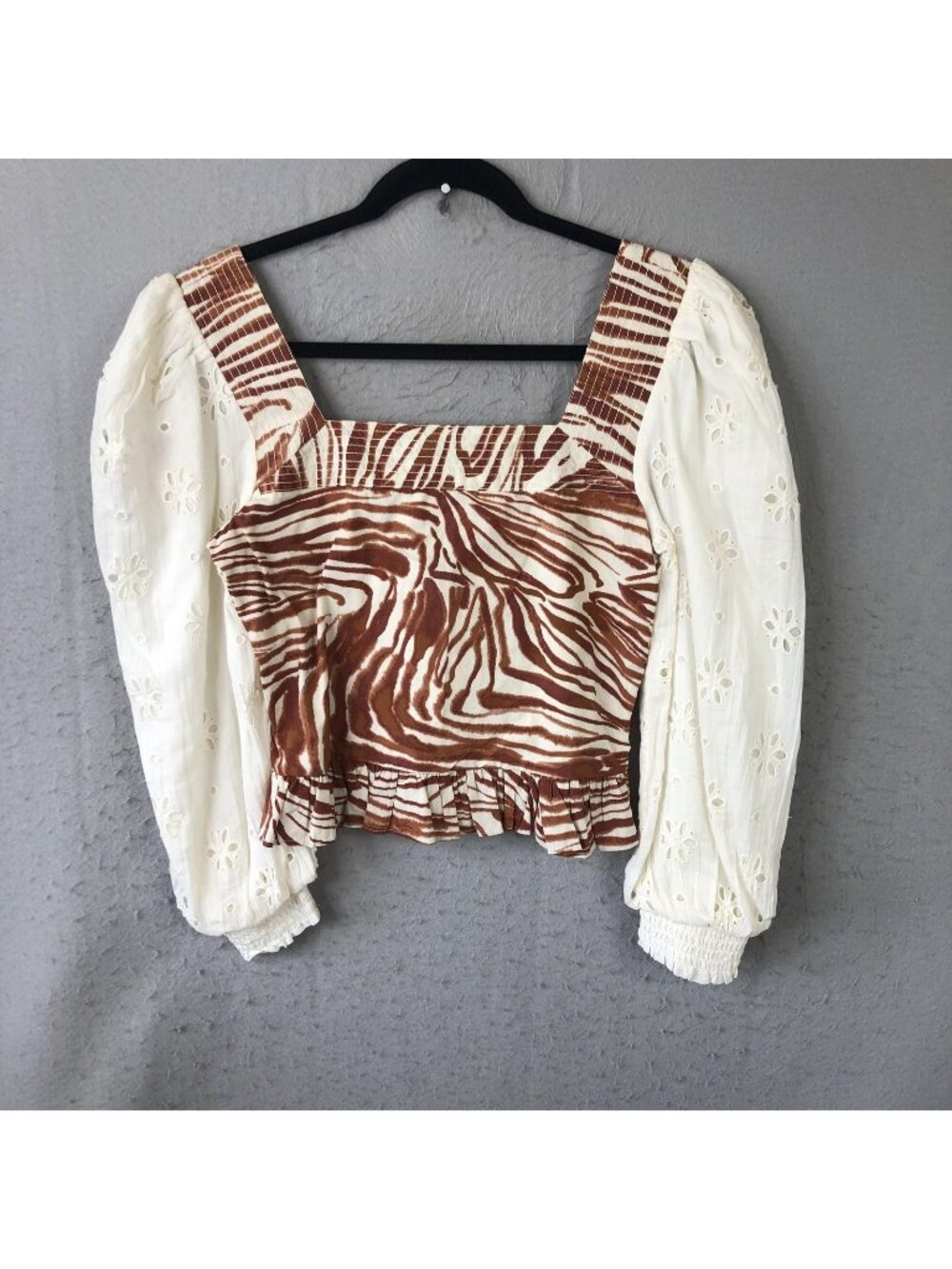 Love The Label Top Womens Petite PS Brown Animal Print Eyelet Crop Boho NEW